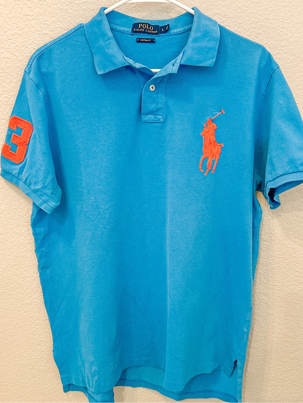 Polo Ralph Lauren Blue Polo Shirt with Orange Embroidered Big Pony Large Golf